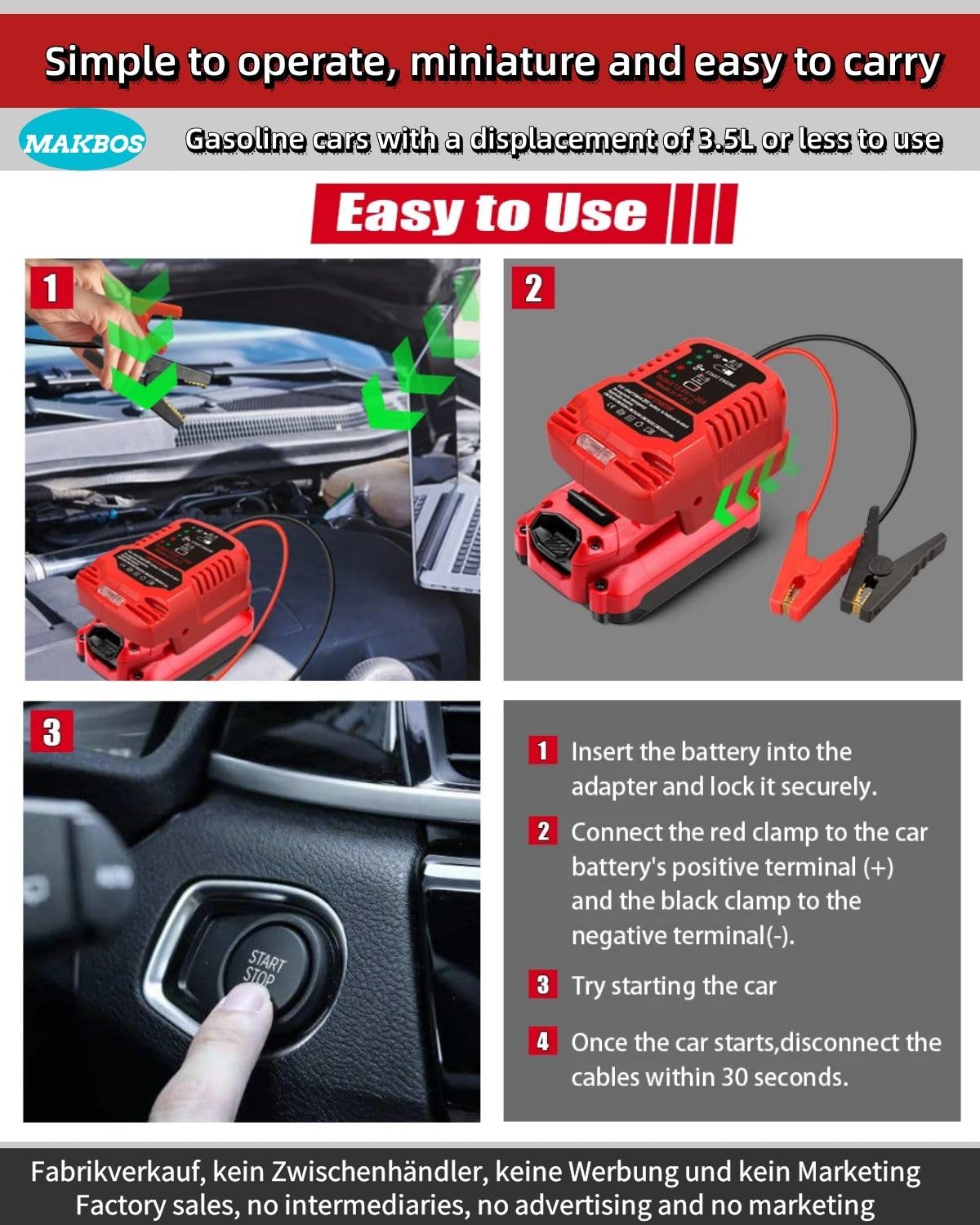 Car Jump Starter Adapter For Craftsman 20V Battery,Up To 3.5L Gas Or 6.5L Diesel Engines,12V Portable Car Jump Starter Battery,A
