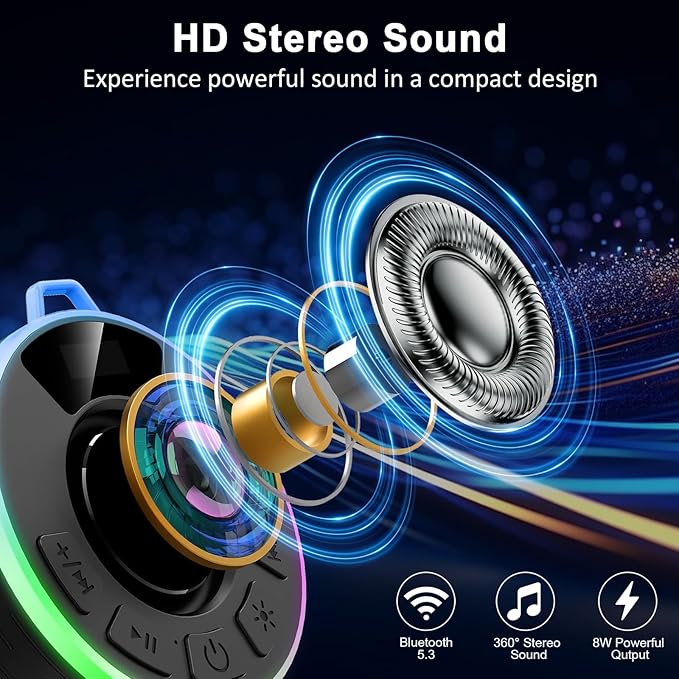 Certified IPX7 Waterproof Shower Bluetooth Speaker, Portable Shower Speaker Loud Clear Sound with Suction Cup, Wireless for Bathroom, Hook Clip, Built-in Mic, 10H Playtime, Great Gift Idea
