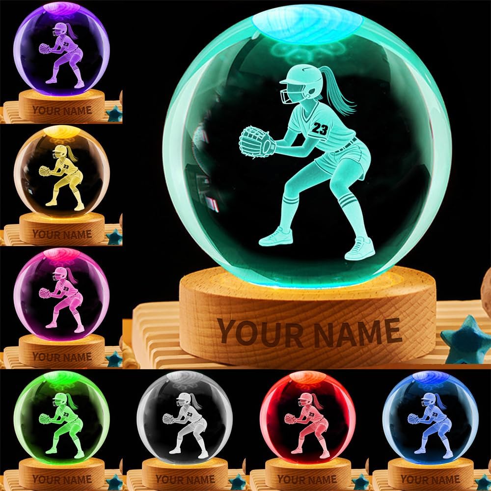 Personalized Softball Crystal Night Light Gift for Women, Custom Name/Number Softball Player 3D Crystal Ball Night Light Lamp for Bedroom Room Sports Decor Party Bar Christmas Birthday Gift