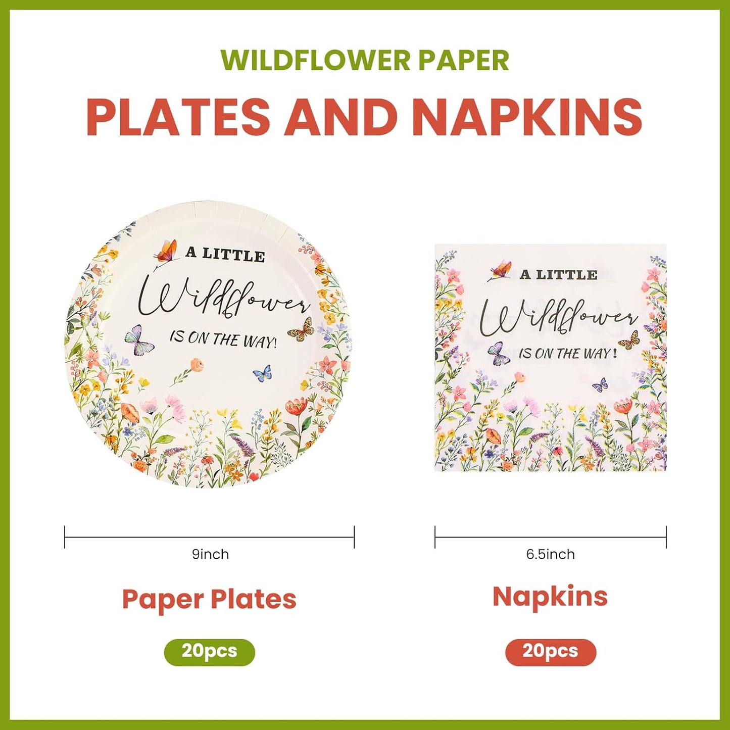 40PCS Wildflower Paper Plates and Napkins Party Supplies, Disposable Floral Party Plates and Napkins Tableware Set for for Spring Summer Baby Shower Birthday Party Decorations Serves 20