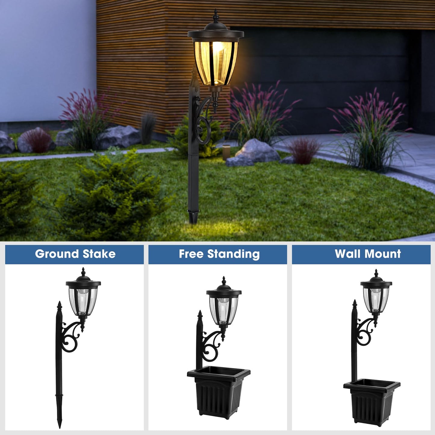 Sun-Ray Solar Lights 2-Piece Set - Multi-Function With Posts, Ground Stakes, Planters, Wall Mount - Black Plastic, Model 312022