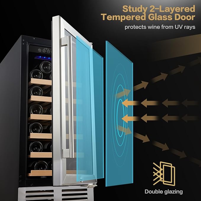 BODEGA Wine Fridge Freestanding, 15 inch Under Counter Wine Refrigerator, Champagne Cooler with App Control, Glass Door, for Kitchen, Bedroom, Home, Office, Holds 31 Bottles