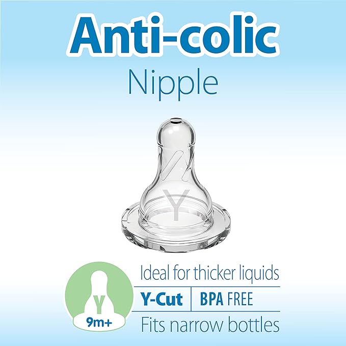 Dr. Brown's Natural Flow Y-Cut Narrow Baby Bottle Silicone Nipple, Ideal for Thicker Liquids, 9m+, 100% Silicone Bottle Nipple, 6 Count