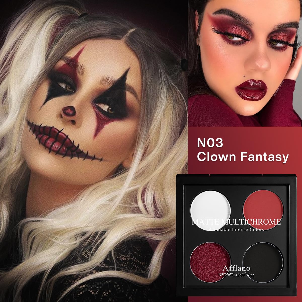 Afflano Gothic Red Makeup Eyeshadow Palette, Matte White Black Red Eye shadow, Ultra-Pigmented Chrome Red Glitter Eyeshadow, Int