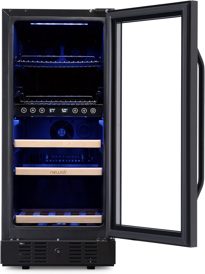 NewAir 15" Wine and Beverage Refrigerator 9 Bottle and 48 Can Capacity, Beverage Cooler in Stainless Steel, Built-in or Freestanding Dual Zone Drink Fridge with Triple-Pane Glass Door