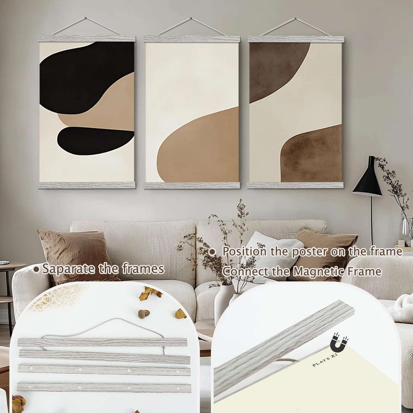 Artmag Magnetic Poster Hanger Frame, 36x24 36x48 36x12 Light Wood Wooden Magnet Canvas Artwork Print Poster Hangers Frames Hanging Kit (Grey, 36")