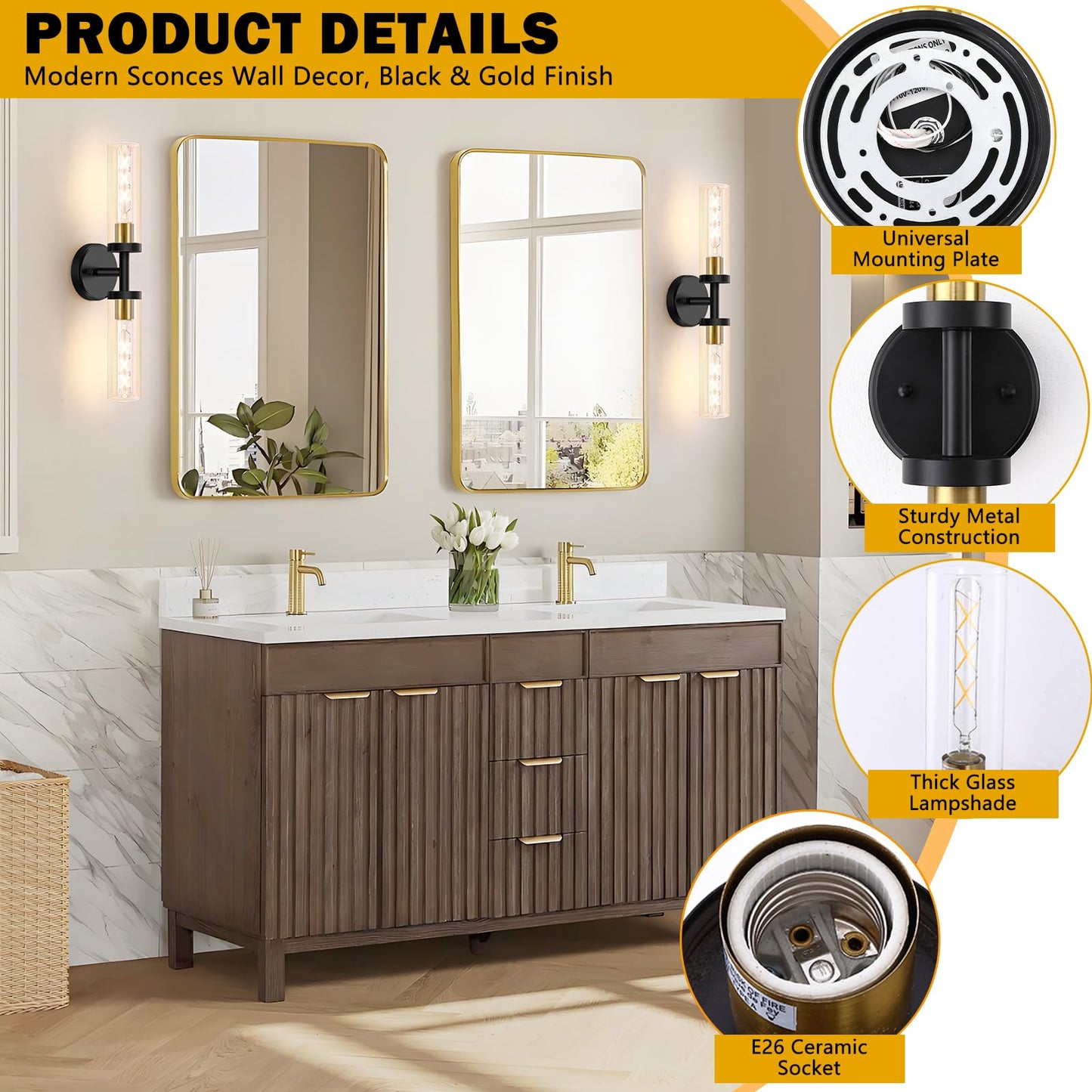 Baocuz 2-Light Bathroom Vanity Lighting, Black & Gold, Clear Glass, Indoor Wall Sconces, Model STCGS-2P-BG, Set of 2