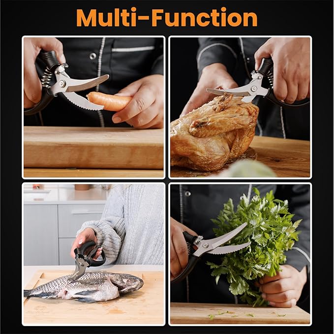 Poultry Shears, Kitchen Shears Heavy Duty for Food With Anti-Slip Handle & Safety Lock, Meat Scissors, Chicken, Lobster, Quail, Fish, Food Cutting Scissors, Bone Cutter - Spring Loaded