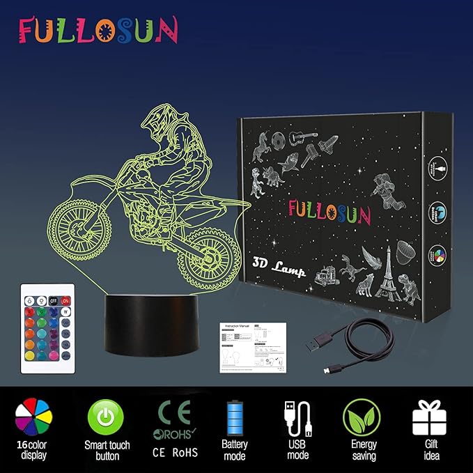 FULLOSUN Dirt Bike Gifts, Motocross 3D Night Light for Kids for Xmas Holiday Birthday Gifts for Kids Motorcycle Fan with Remote Control 16 Colors Changing + 4 Changing Mode + Dim Function