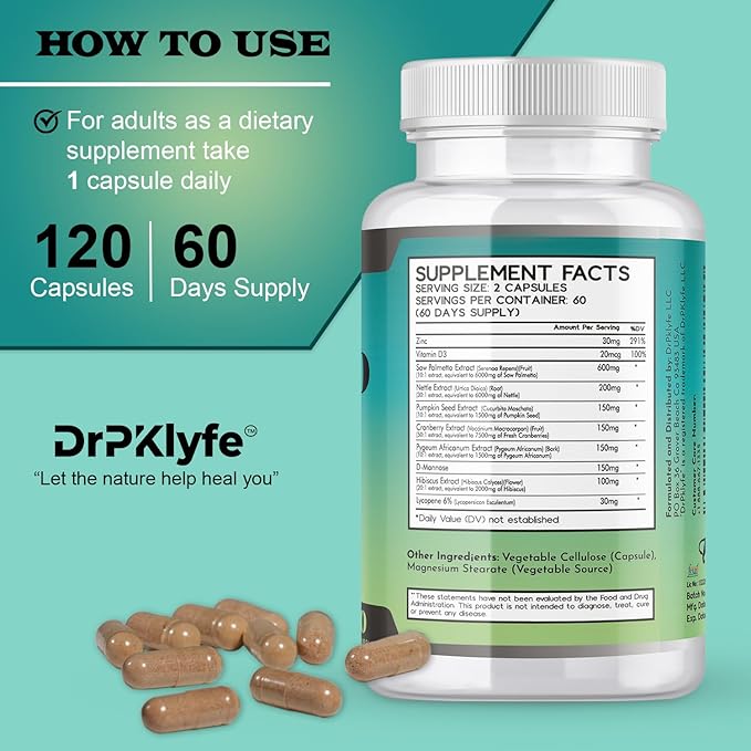 Saw Palmetto Capsules for Prostate, Bladder & Hair Health – Includes Nettle Root, Pumpkin Seed, Cranberry, D-Mannose, Pygeum, Hibiscus – 120 Capsules (60-Day Supply)