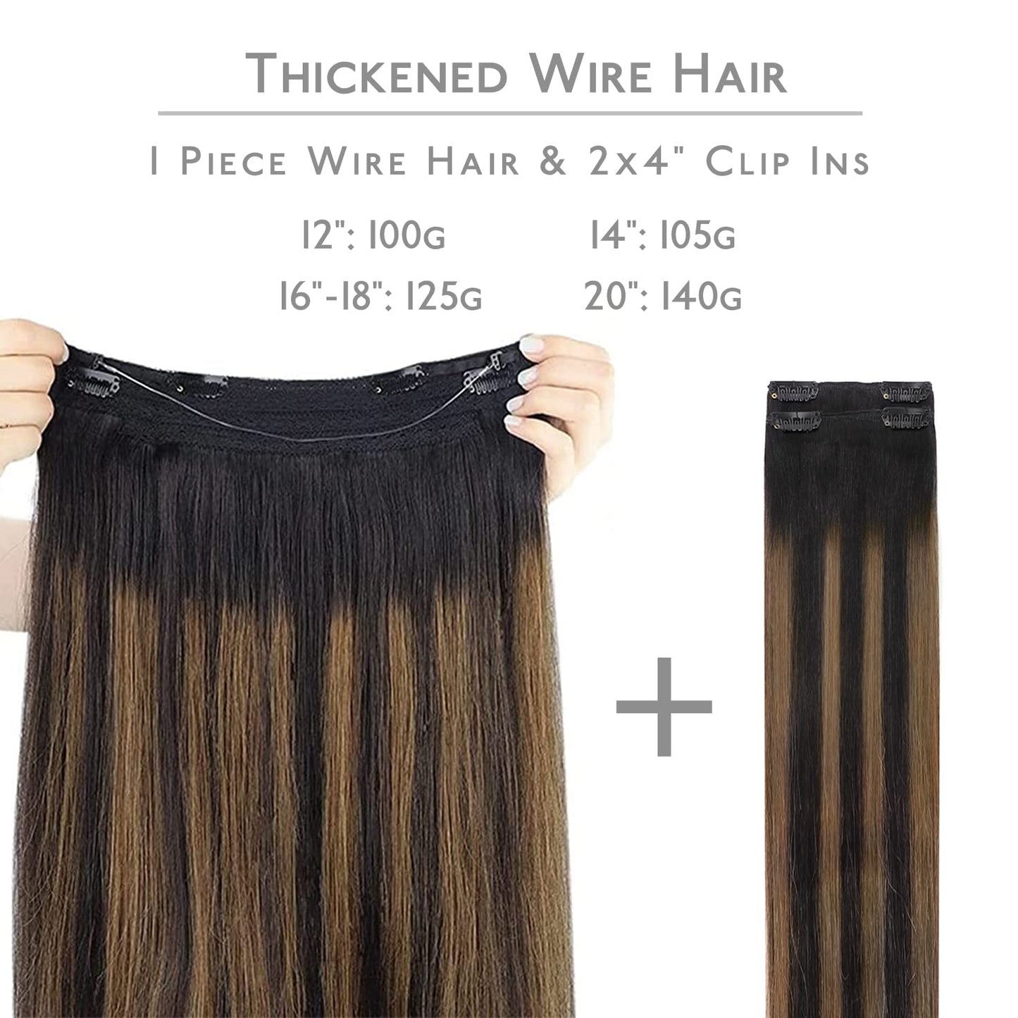 WENNALIFE Wire Hair Extensions (Increase 50% Lifespan) Real Human Hair 22 inch 150g Balayage Natural Black to Chestnut Brown Rem