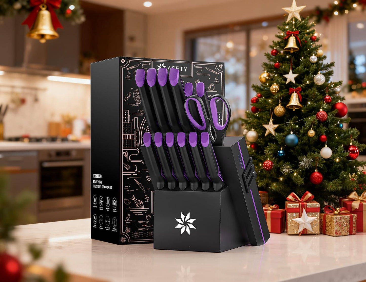 Knife Set - 15 PCS Kitchen Knife Set with Built-in Knife Sharpener Block - Stainless Steel Knife Block Set - Dishwasher Safe, Christmas Elegant Box for Men Women