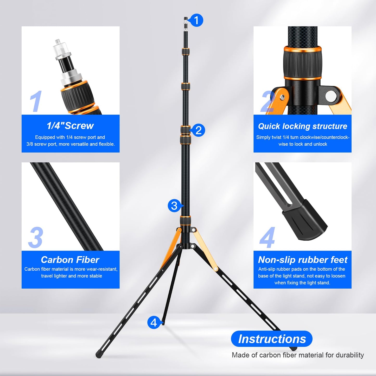 Carbon Fiber Extendable Travel Light Stand 7.2ft / 2.2m Sturdy Light Weight Portable Tripod Light Stand with Carry Bag for Photography Studio Outdoor Shooting Speedlight Flash Reflector Ring Light