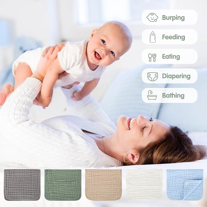 Muslin Burp Cloths Set for Babies 100% Cotton Baby Washcloths, Large 20''x10'' Extra Absorbent and Soft 10 Pack for Boys & Girls Blue Grey Green