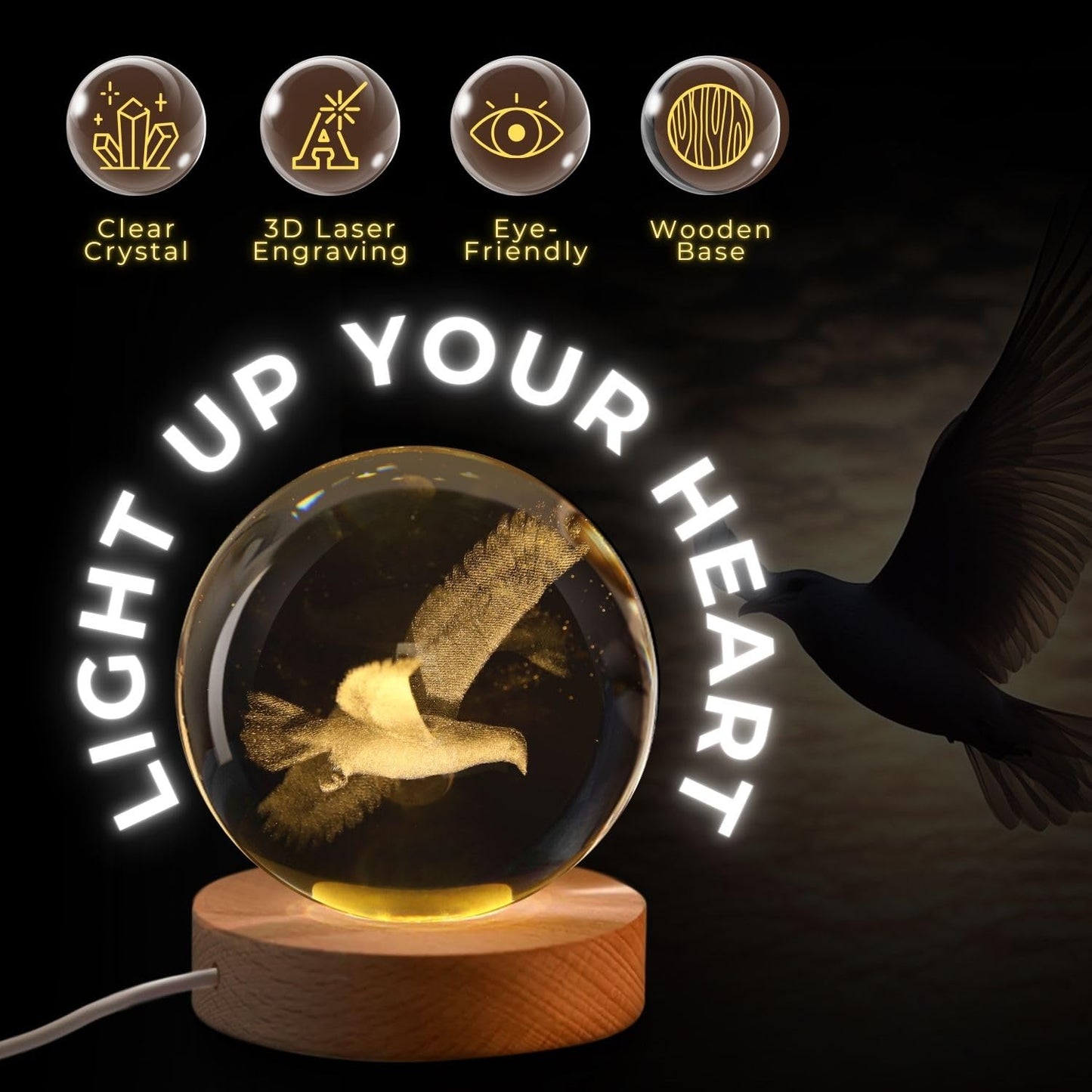 Flexzion 3D Bird Crystal Ball Night Light - Led Light Hologram Glass Lamp W/Solid Wood Base  Usb Powered Crystal Ball Lamp W/Adjustable Brightness For Home Decor Display Gift  3.15 Inch (80Mm)