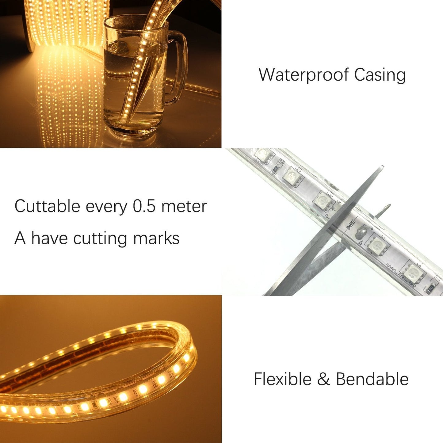 Kertme 5050-60 Led Strip Lights, 50M Warm White, Waterproof, Dimmable With Remote, Flexible Rope Light For Home/Garden Decoration