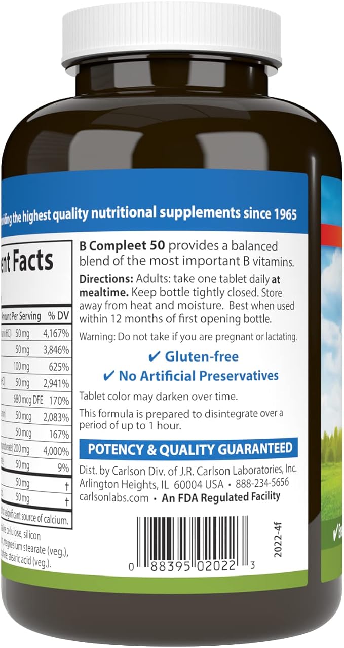Carlson - B Compleet 50, Balanced Vitamin B Complex, Energy Production, Cellular Support & Optimal Wellness, 250 Tablets