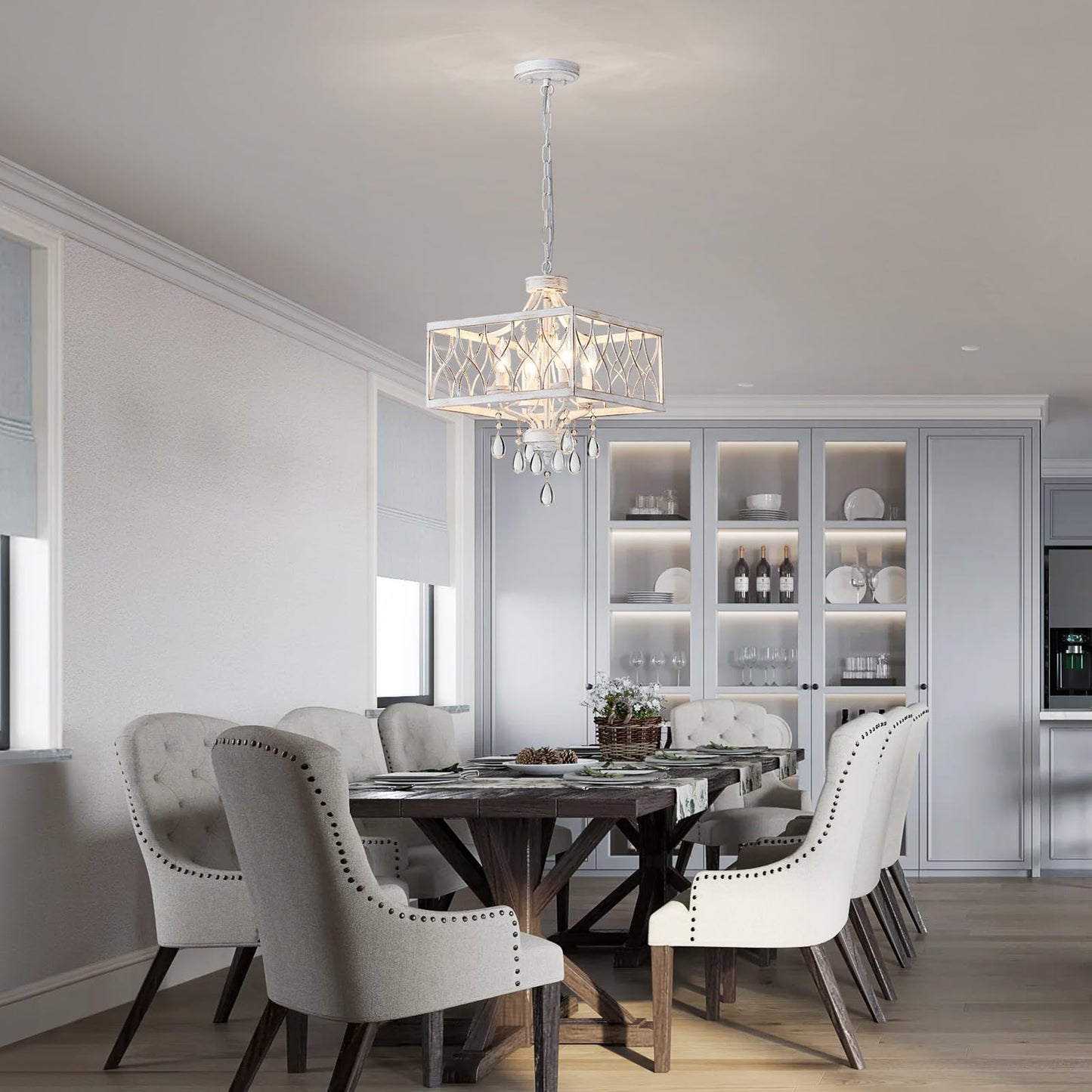 Farmhouse Crystal Chandelier White Modern K9 Crystal Ceiling Chandelier Lighting Fixture  Hanging Pendant Light Fixture  Kitchen Island Lighting For Dining Room Living Room Entryway Bedroom Hallway