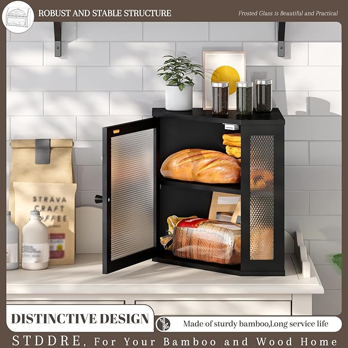Corner Bread Box Kitchen Countertop Extra Large Capacity Farmhouse Bread Box, Corner Countertop Storage, Double Layer Bread Holder (Black, Large)