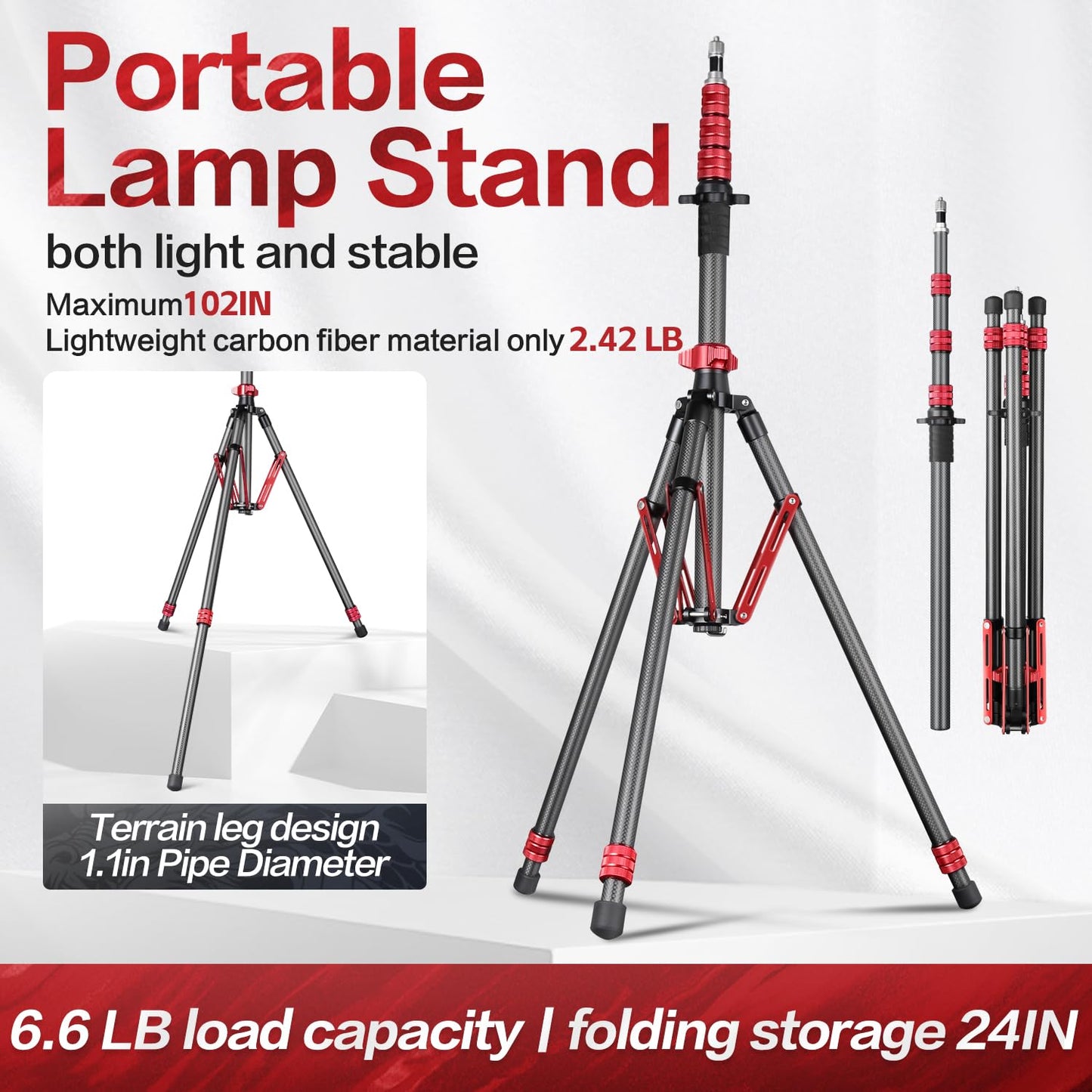 FreeSea Light Stand Carbon Fiber, Adjustable Tripod Stand for Photography, 260cm/102inch Studio Sturdy Tripod for Speedlite Flash Softbox Strobe Light Camera with Carrying Bag