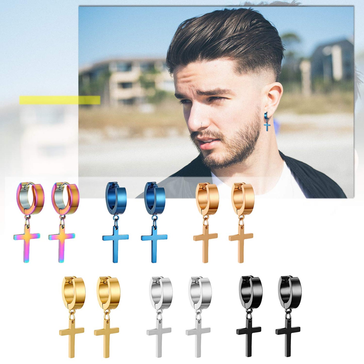 Cupimatch 3-6 Pairs Stainless Steel Cross Dangle Huggie Hinged Hoop Earrings for Men Women (6 Pairs Single Cross) for Mothers Da