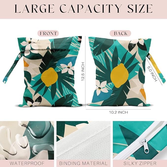 3 Pcs Wet Bag, Wet Dry Bag, Waterproof Aloha Bags, Small Laundry Bags, for Swimsuit, Pool, Travel, Beach, Diapers, Makeup Cruise Ship Essentials, Leaves Decor Travel for Women