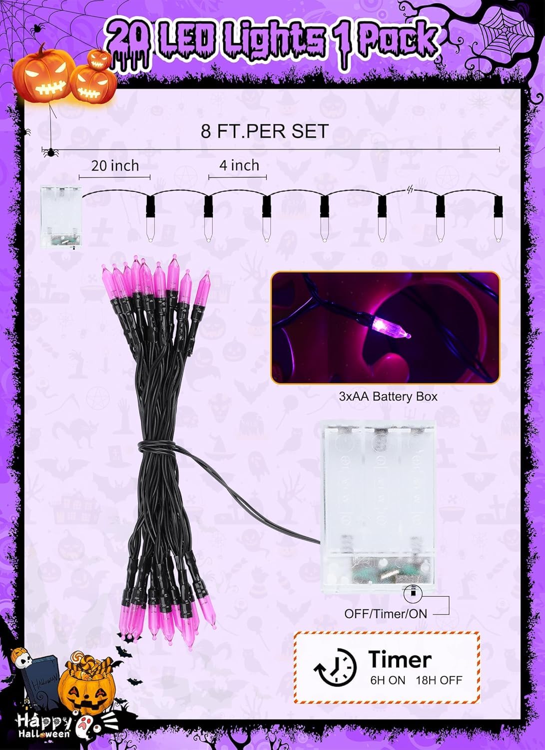 Brightown Battery Operated Purple Indoor String Lights, 20 LED, 8 ft with Timer for Halloween and Christmas Decorations