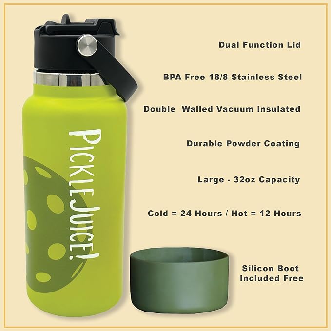 Maui Pickleball Co.™ Pickleball Water Bottle 32oz Pickleball Gifts Insulated Stainless Steel Water Bottle Funny Water Bottle PickleBall Accessories Sip/Straw Lid Pickleball Bottle (Sunset Orange)
