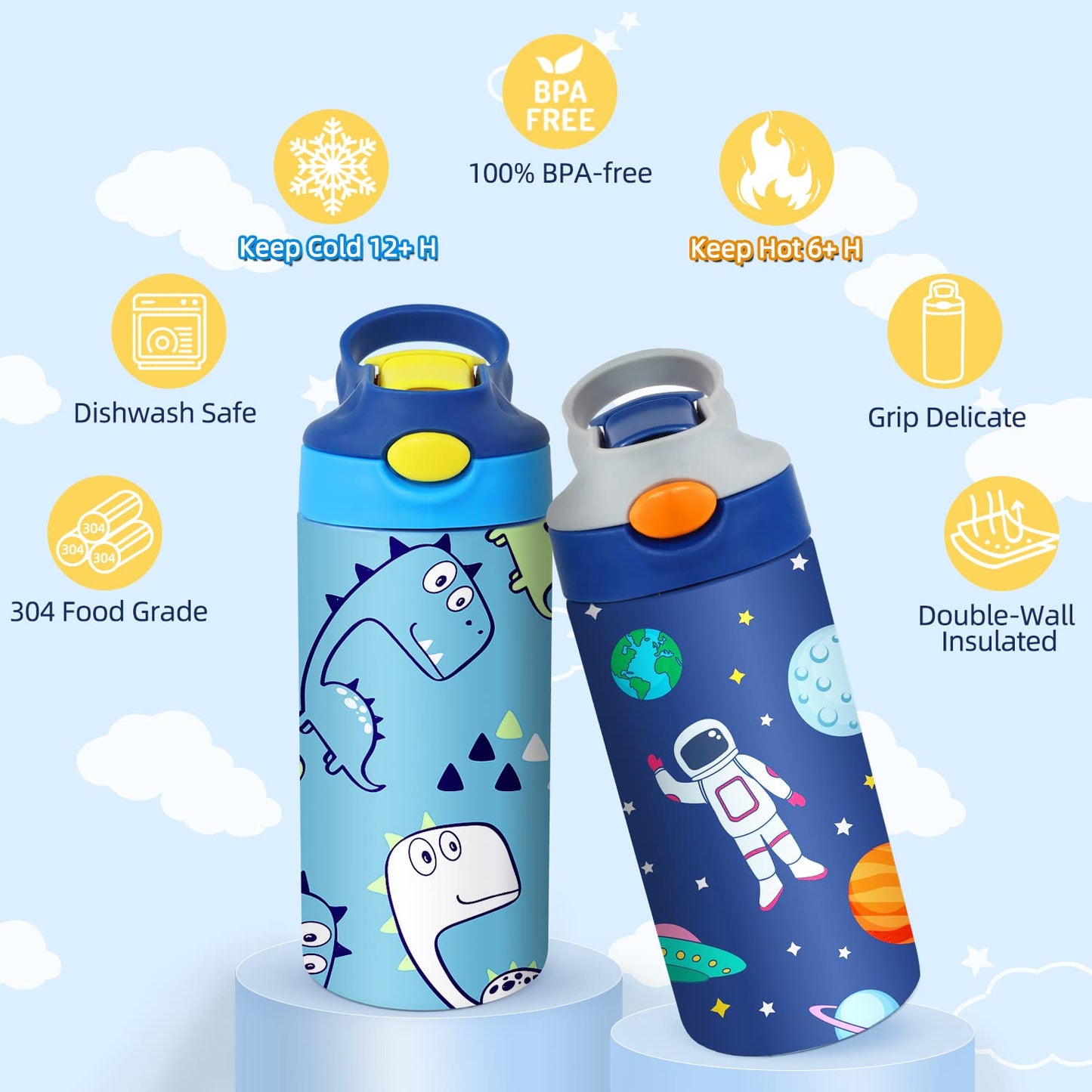 Mocaru Kids 12oz Sublimation Water Bottle with Pop-up Straw and Handle, Stainless Steel Insulated Sippy Cups Blanks with Shrink Films (6 Pack)