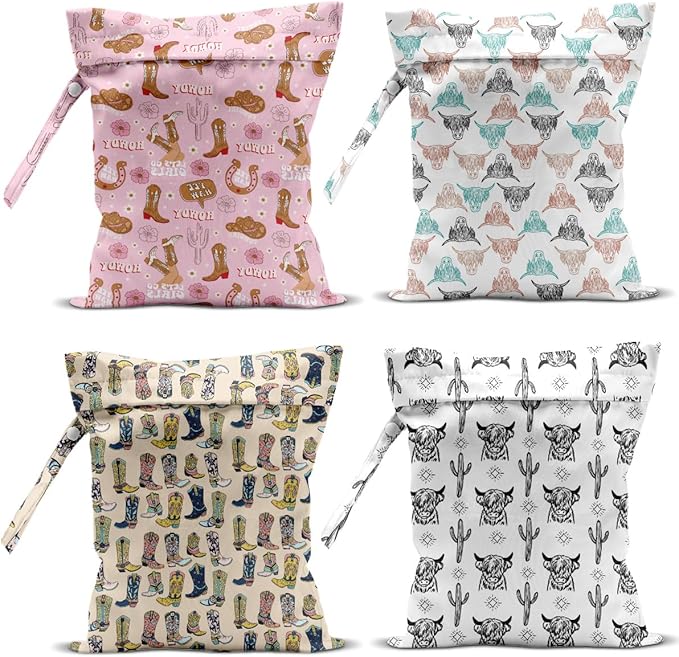 4Pcs Waterproof Wet Bag for Swimsuit, Travel Beach Wet Dry Bag, Hidden Zipper Reusable Western Cowgirl Decor, for Travel Beach Wet Swimsuits Toiletries Diapers Laundry Bag