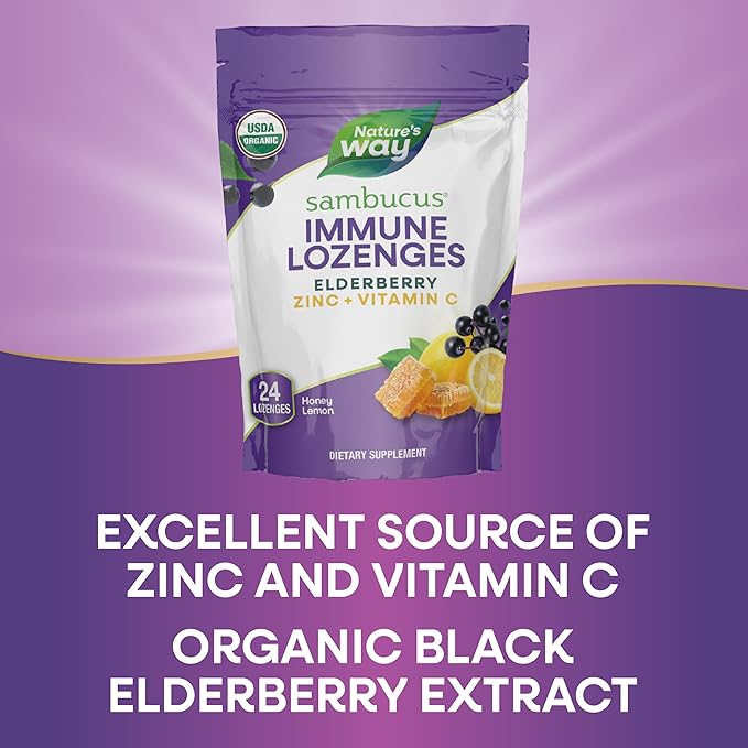 Nature's Way Sambucus Immune Lozenges, Zinc, Vitamin C, Elderberry, Immune Support*, USDA Organic, Honey Lemon Flavor, 24 Lozenges (Packaging May Vary)