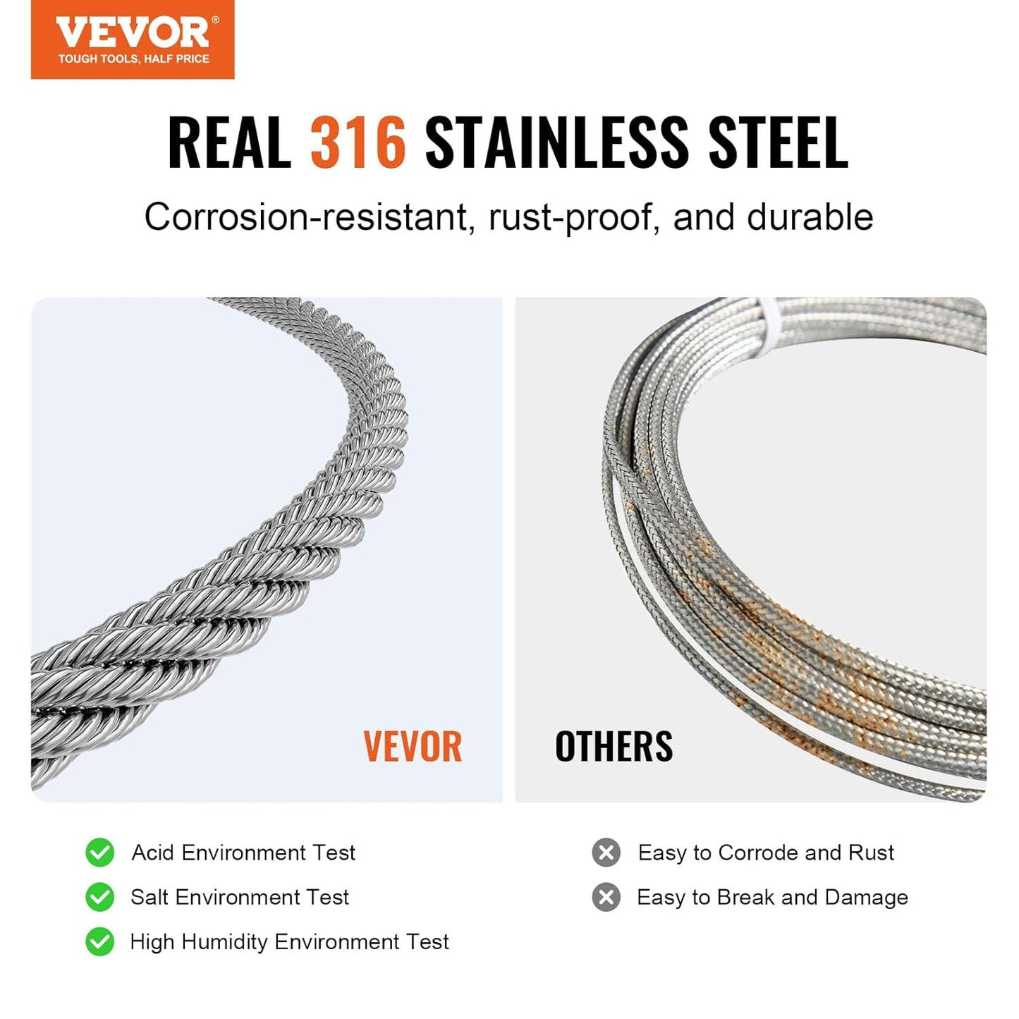 VEVOR 1/8 Stainless Steel Cable, 1/8 Wire Rope, 100 FT 316 Cable Wire 20 Sleeves & 10 Thimbles, 1600 lbs Breaking Strength, 7x7 Strands Marine Aircraft Grade for Handrail Stair Decking Fence Outdoors