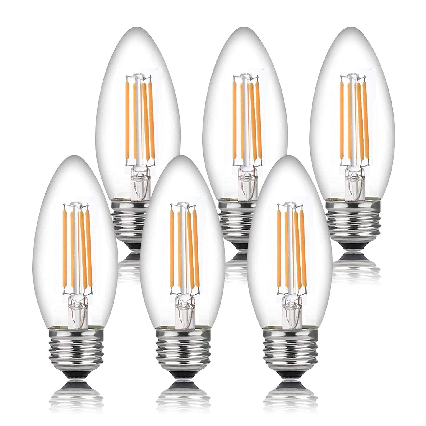 Bioluz LED Candelabra Bulbs 60W Equivalent Soft White 3000K E26 Base 6-Pack Filament Glass