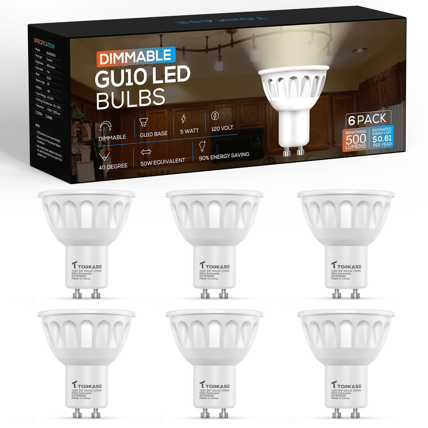 Torkase GU10 LED Bulb, Dimmable 5W 50W Equivalent, 2700K Warm White, 6 Pack, Plastic