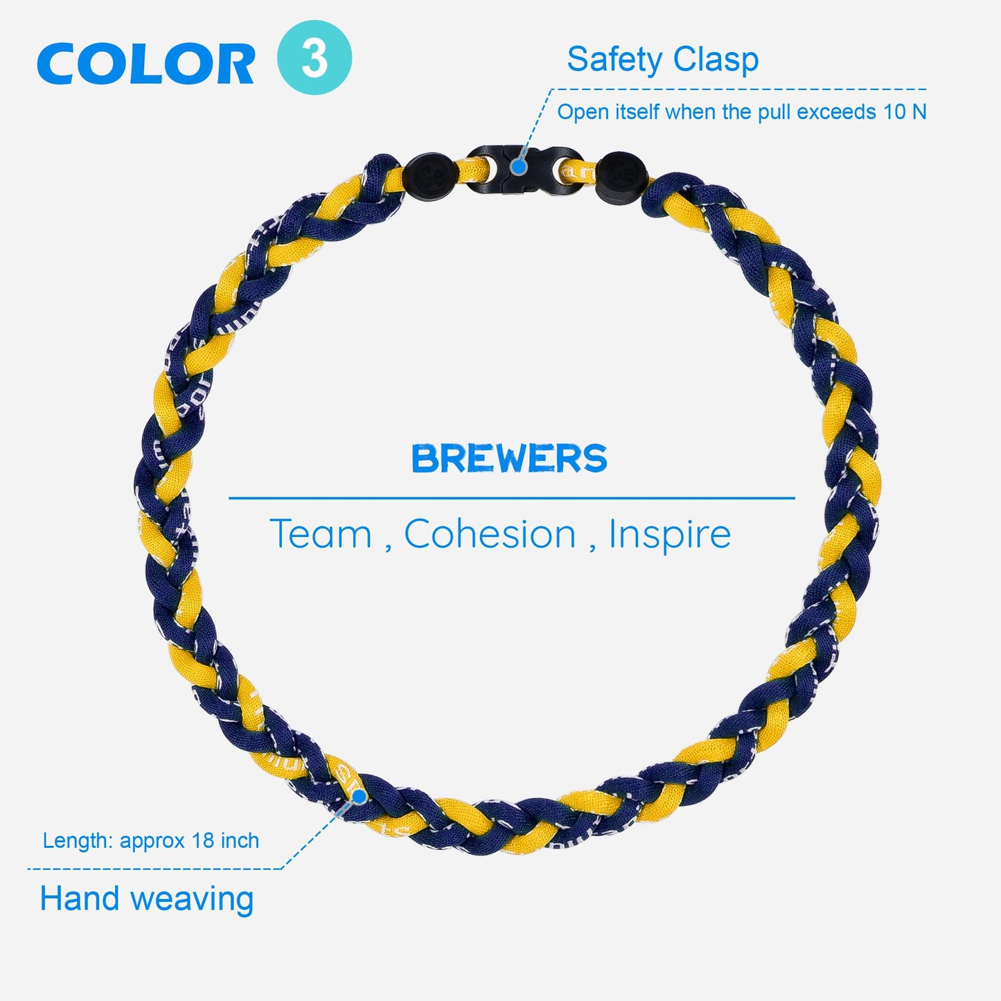 SUPBOMM 3 pcs Baseball Rope Necklaces, League Team Colors Braided Necklace, Baseball Team Gifts, MILBrewers