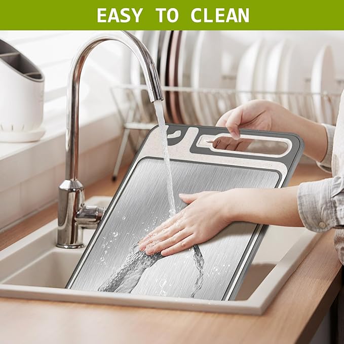 3-in-1 Stainless Steel Cutting Board for Kitchen, Double Sided, Cutting Board,Scratch-Resistant Mesh Design with Juice Groove,Easy Clean,Wheat Straw PP Large Chopping Board 15 * 11IN
