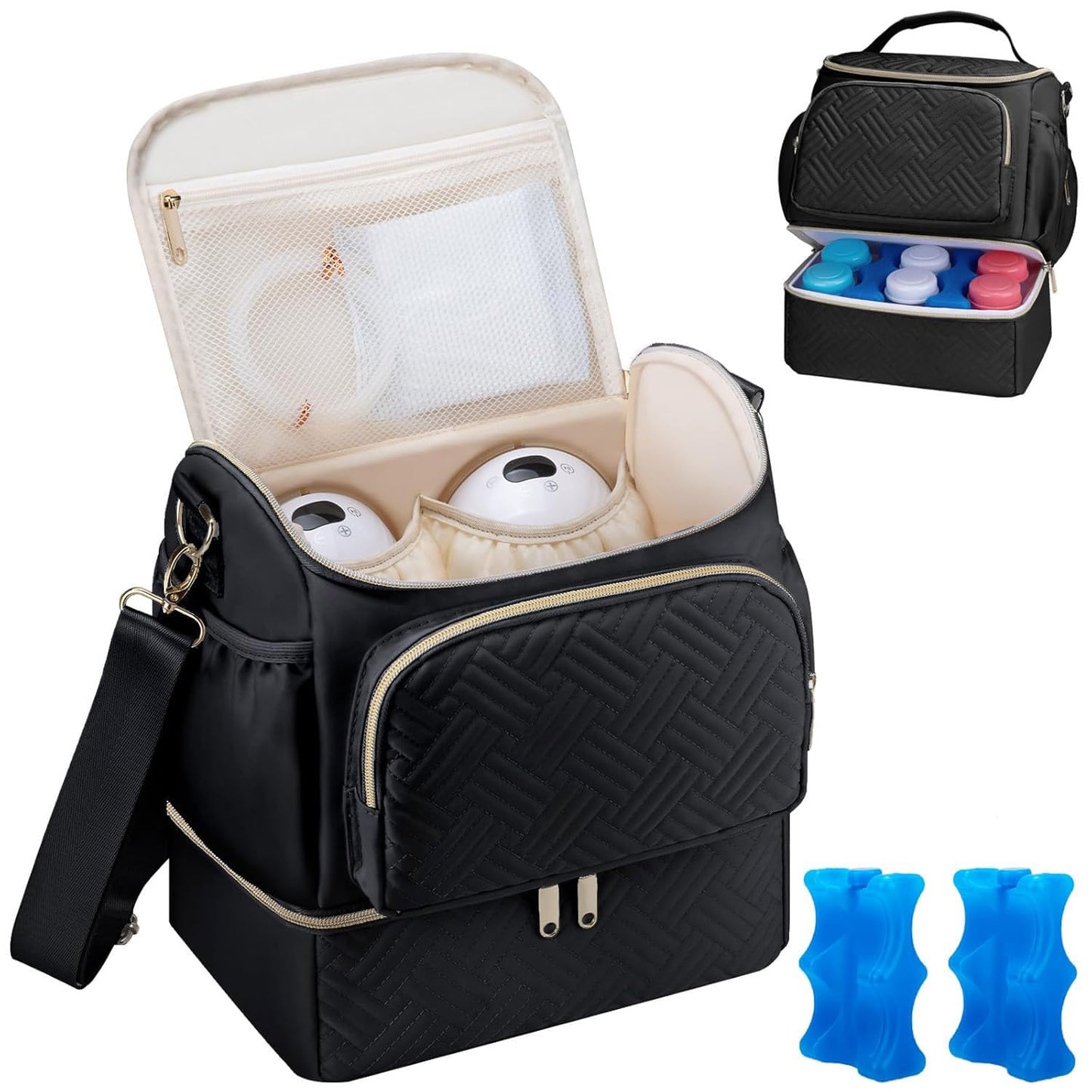 Wearable Breast Pump Bag with Cooler Compartment Compatible with Willow/Elvie/Medela/Momcozy M5/S12 Pro, Breast Milk Cooler Travel Bag with Ice Pack & Mat, Pumping Bags for Work, Black