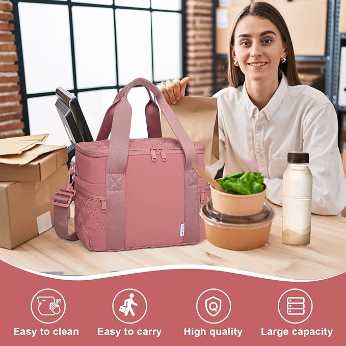 NOL Natural Organic Lifestyle Women's Nylon Lunch Cooler Cute Quilted Lunch Bag Large Leakproof Insulated Lunch Tote Bag for Work Picnic Travel,Dark Pink