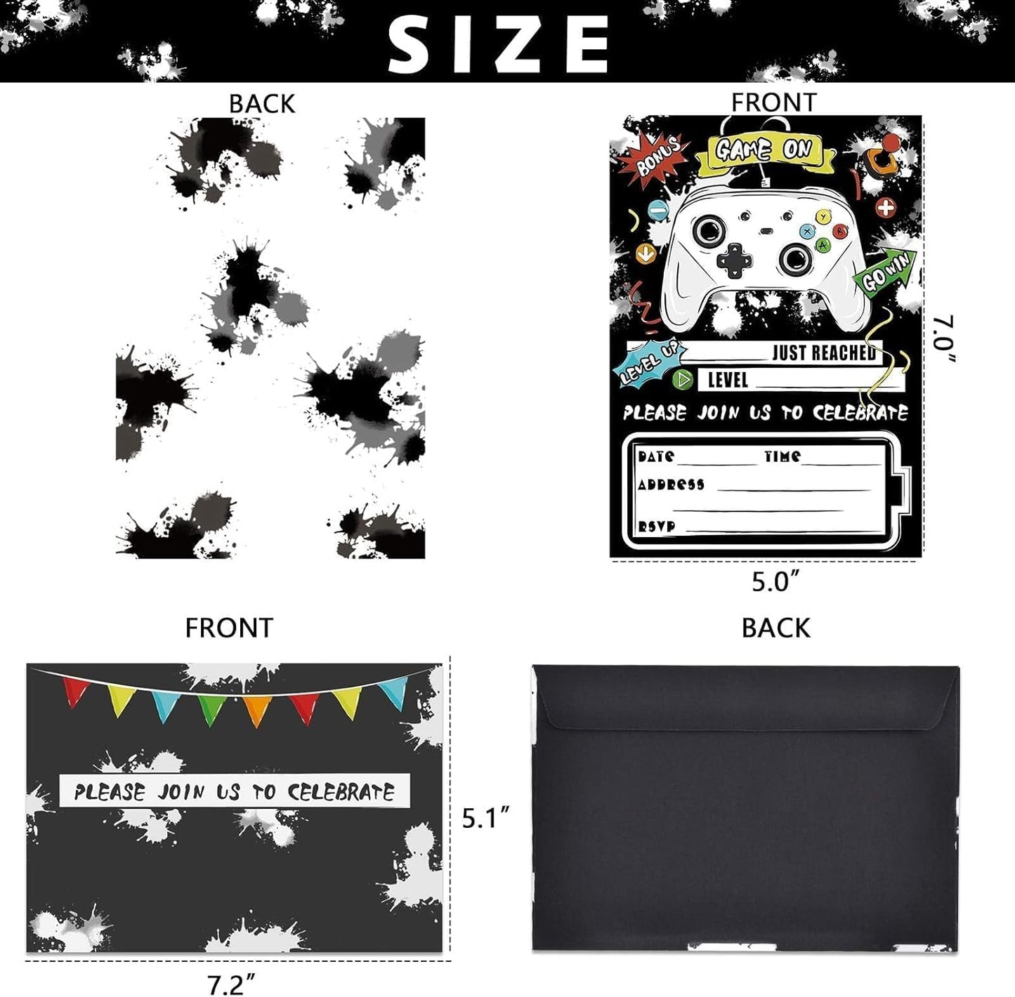 WERNNSAI Watercolor Video Game Party Invites - 20 Set Fill-in Invitations with Envelopes for Boys Game Theme Birthday Party Supplies Double-Sided Printed Invitation Cards