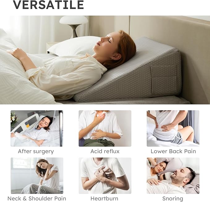 Wedge Pillow for Sleeping, 8 inch Elevated Support Bed Wedge Pillow, Breathable Triangle Pillow Wedge with Cooling Memory Foam Top - Removable Washable Cover, Grey