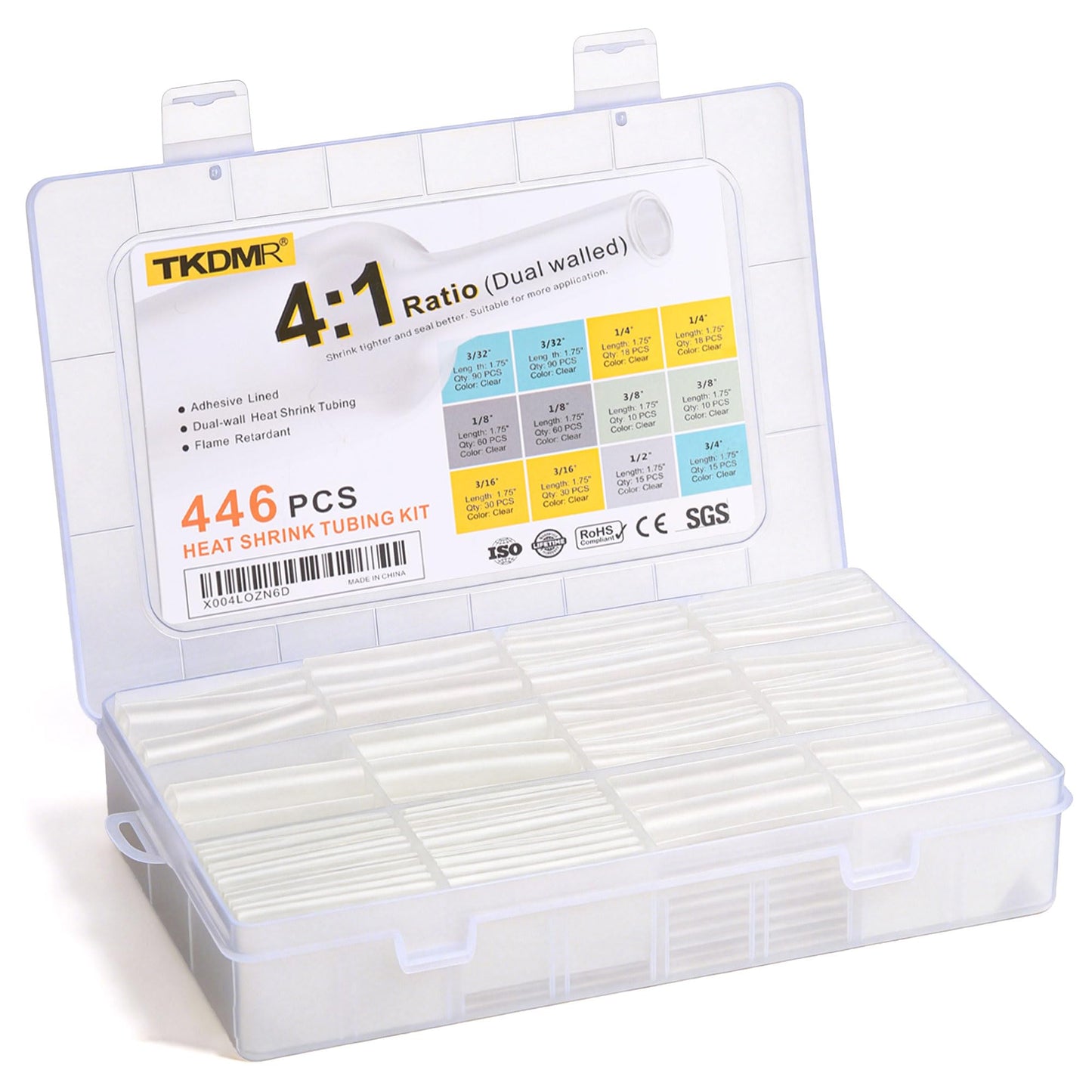 TKDMR 446 Pcs Heat Shrink Tubing Kit - 4:1 Ratio Adhesive Lined, Marine Grade Shrink Wrap,Industrial Heat Shrink Tubing,Clear