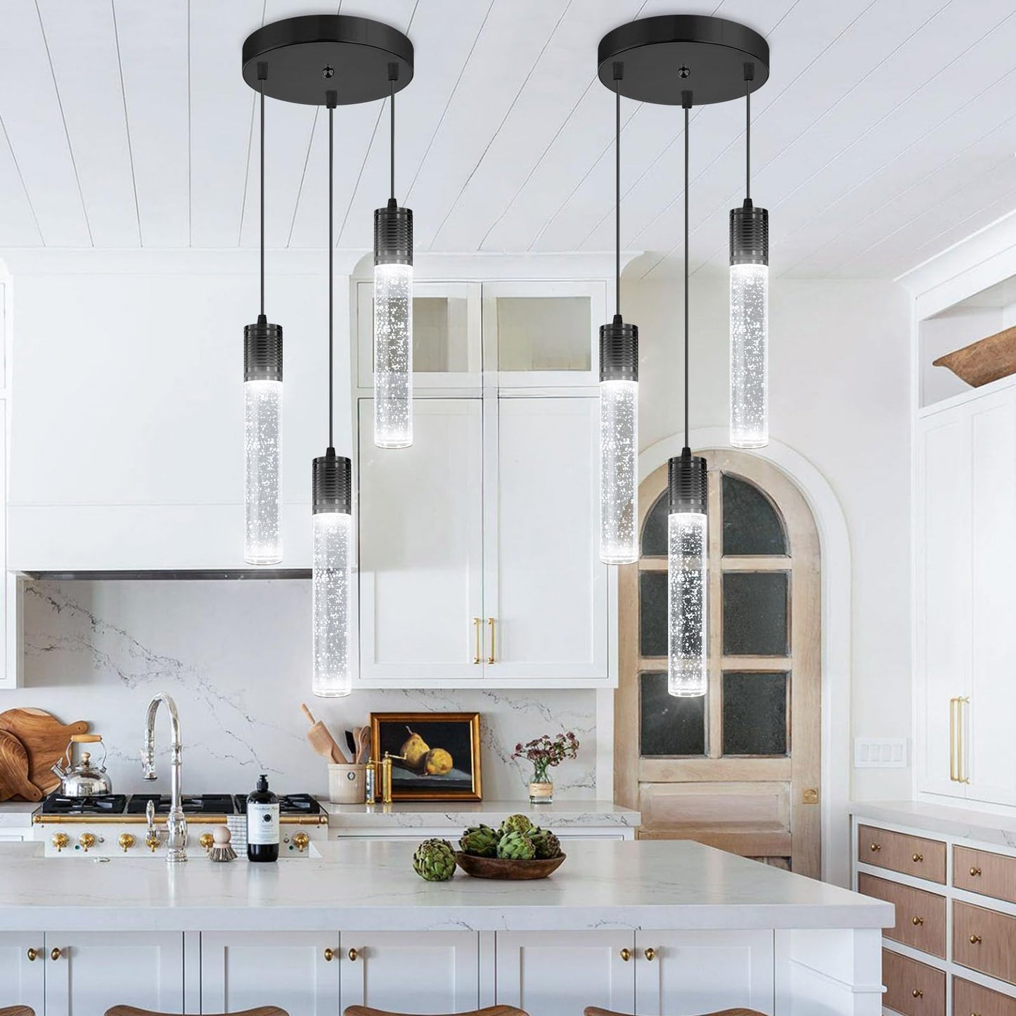 Dolria 3-Lights Pendants Light For Kitchen Island Chandeliers Dining Room Pendant Lighting Fixture Bubble Crystal Ceiling Hanging Lights Bedroom Island Kitchen 6000K White Light Fixtures Black