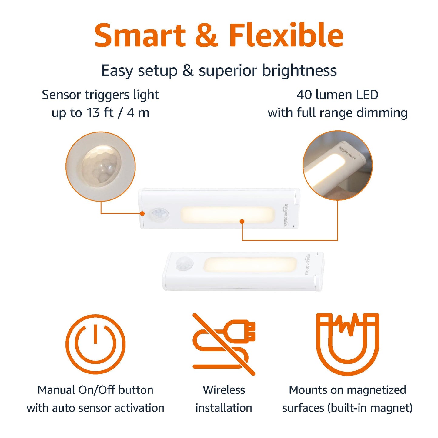 large online retailer Basics Led Stick On Lights, Wireless Motion Sensing, 2 Pack, White, Model 59428, Battery Operated, Portable Under Cabinet Lighting