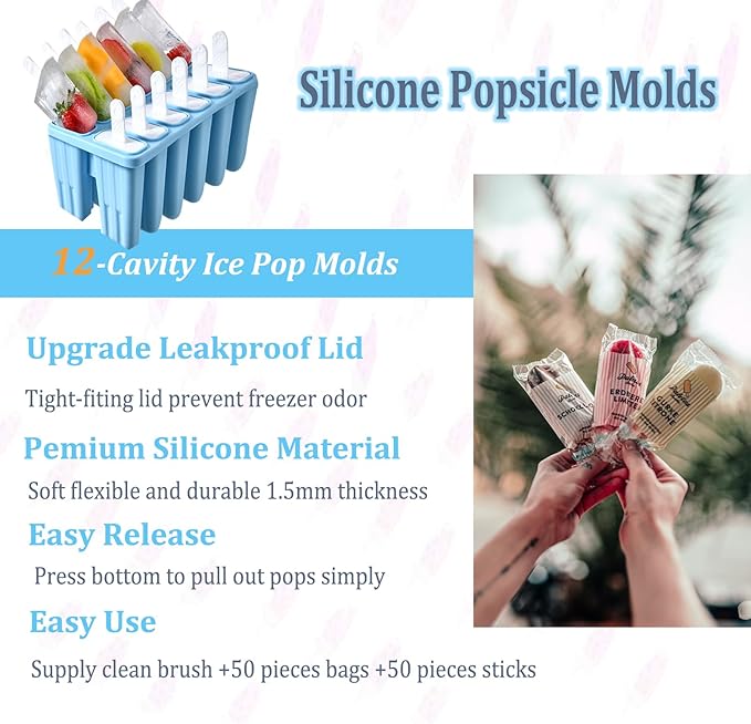 Silicone Popsicle Molds with Sticks Wpunwen 12 Cavity Ice Popsicle MoldsIce Cream Mold with Clean Brush 12 Reusable Sticks 50 Sticks 50 Bags Blue