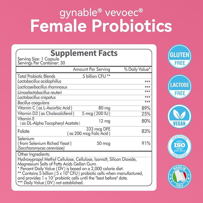 Gynable Vaginal Probiotics for Womem,Female Probiotic for pH Balance with Lactobacillus 5 Billion CFU Probiotics Blend,Selenium-Vitamin D3,Promote Healthy Vaginal Odor & Vaginal Flora,30 Count