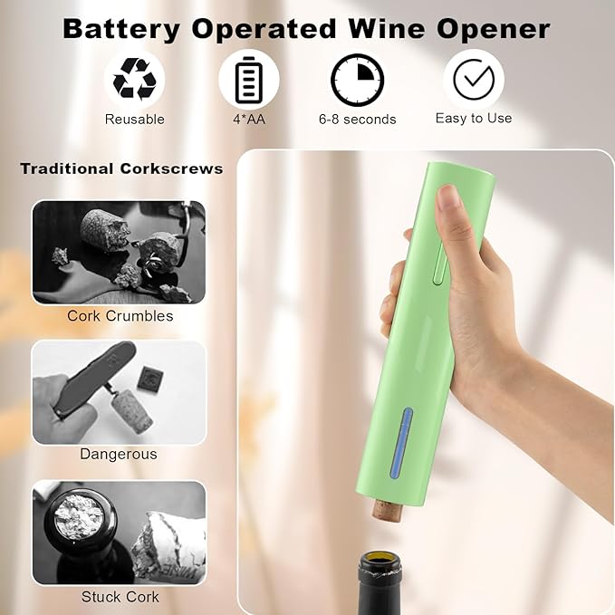 COKUNST Battery Wine Opener, Automatic Corkscrew with Foil Cutter Gift for Home Wedding Party Green