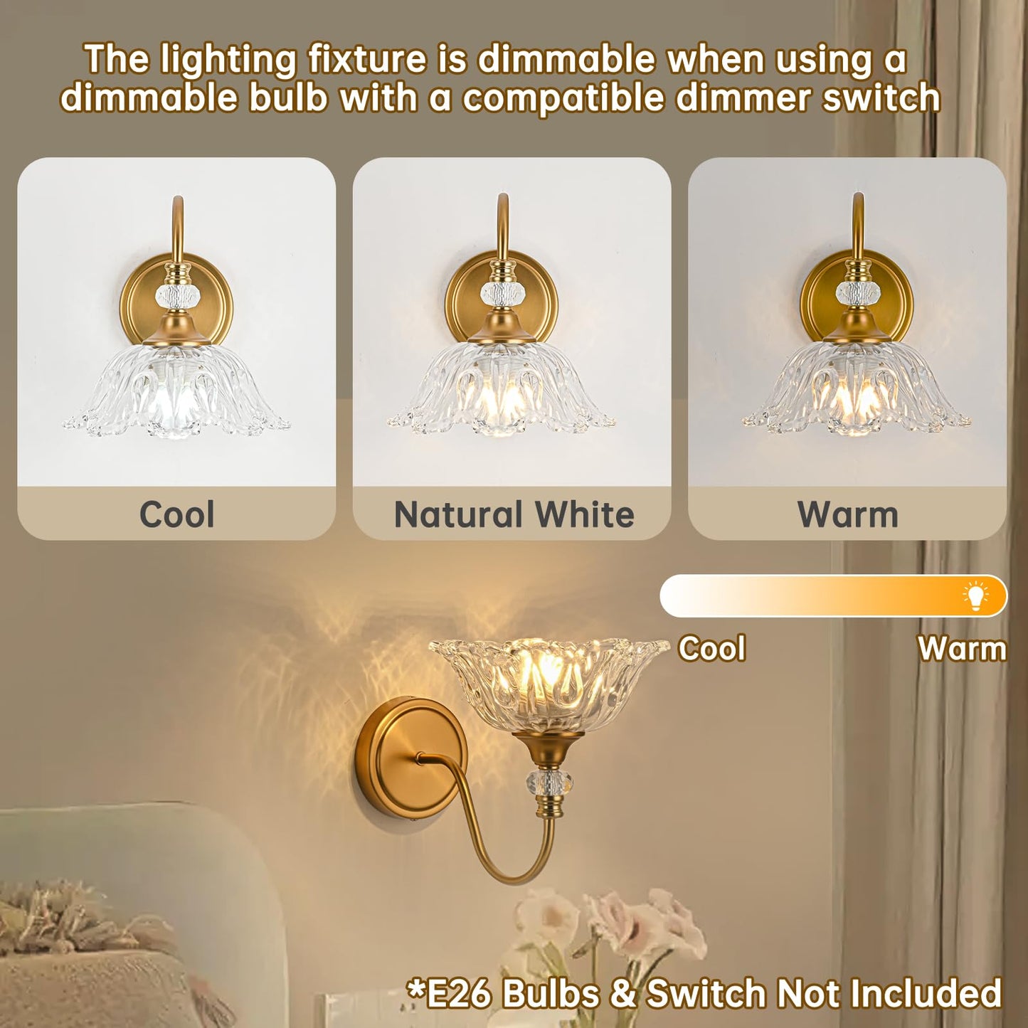 Sunkryster 1 Piece Vintage Wall Sconce With Floral Clear Glass Shade  Matte Brass Finish Wall Mount Lighting For Bathroom Vintage Bathroom Vanity Light Fixtures