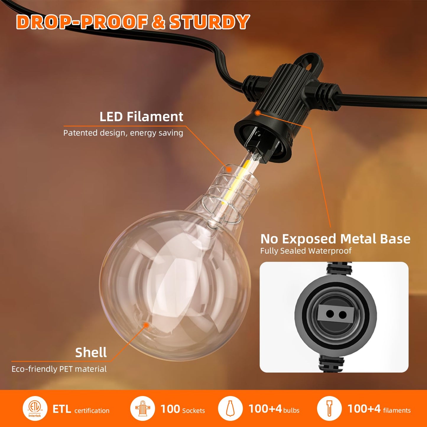 Kawaya Outdoor String Lights - LED Waterproof Patio Light with 100+4 G40 Globe Bulbs, 200FT, Black, Model 12-25