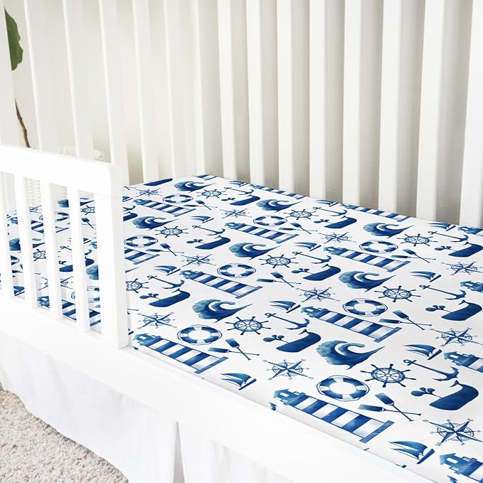 Navy and White Lighthouse Compass Whale Baby Crib Sheet 52''x28'' Nautical Life Fitted Crib Mattress Sheet for Boy Girl Nursery Bed Sheets for Standard Crib and Toddler Mattresses
