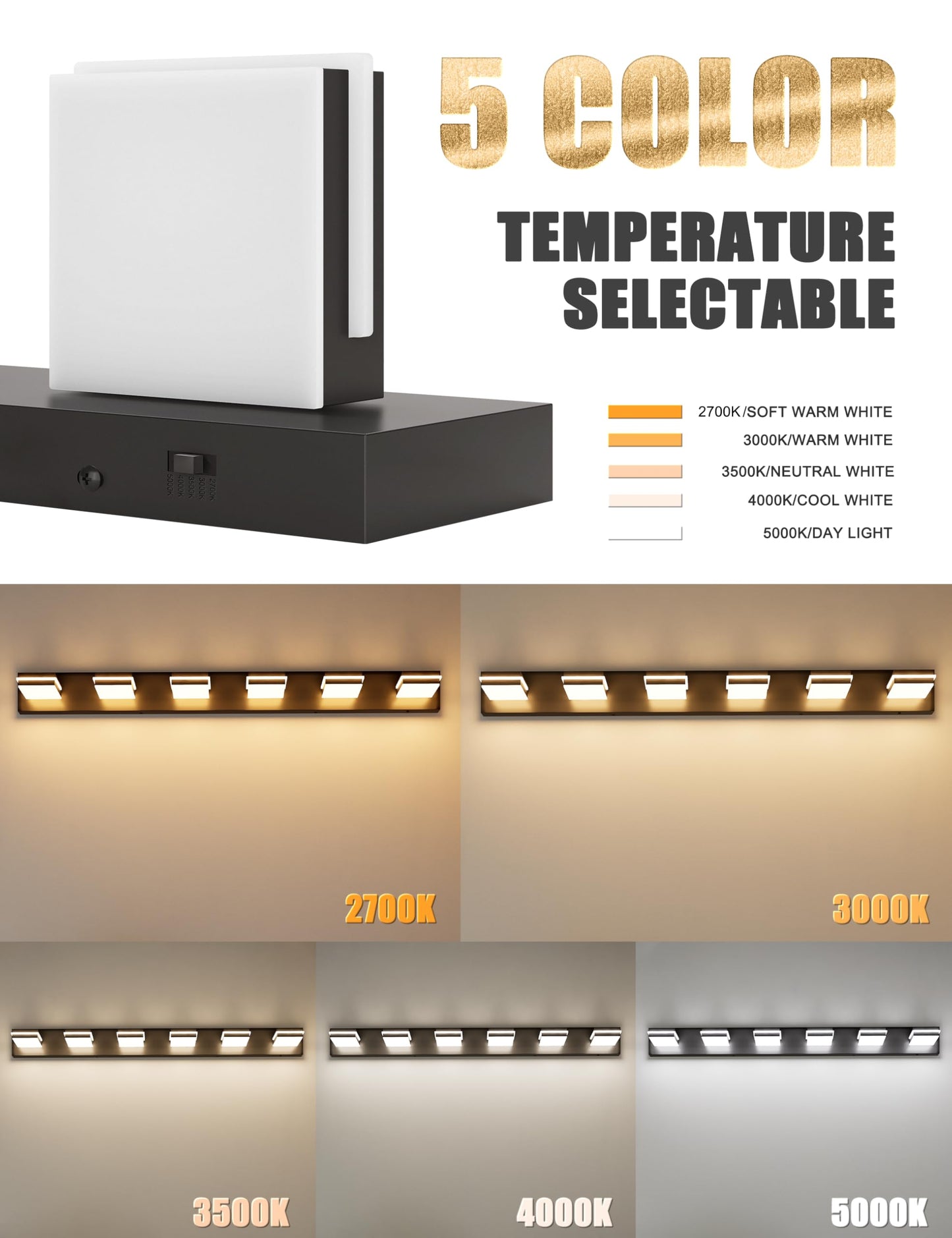 VOLISUN 5CCT Bathroom Light Fixtures Over Mirror, Dimmable, 360°Rotatable Head, 48 inch, 6 Light Bathroom Vanity Light Fixtures, Black LED Vanity Lights for Bathrooms-ETL Certificated
